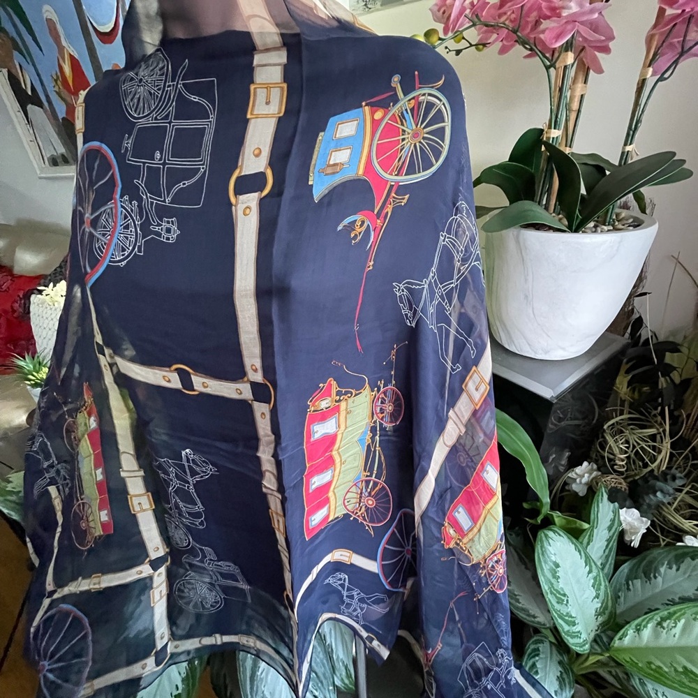 DAKS London Navy Scarf with Carriage Print.